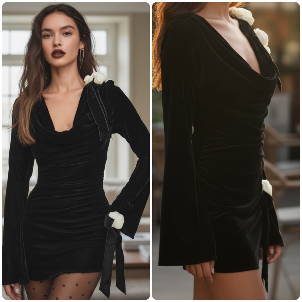 NWT L For Love Lemons Tamra Black Velvet Long Sleeve Rosette Ruched Mini Dress